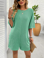 Backless Textured Round Neck Half Sleeve Romper