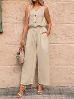 Sleeveless Button-Front Wide Leg Jumpsuit