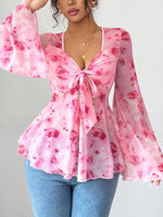 Floral Print Tie Front Flare Sleeve Chiffon Blouse