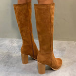 Point Toe Knee-High Suede Block Heel Boots