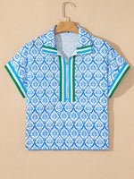 Western Print Zipped Collar Short Sleeve Summer Blouse Top