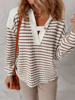 Striped V-Neck Long Sleeve Knit Hoodie
