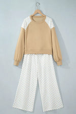 Polka Dot Patchwork Colorblock Long Sleeve Casual Two Piece Pants Set