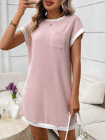 Contrast Trim Ribbed Knit Mini Dress with Pocket