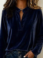 Full Size Velvet Notched Long Sleeve Top Plus Size