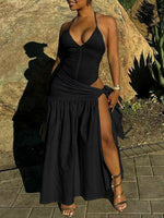 Halter Neck Ruched Bodysuit and Maxi Skirt Set