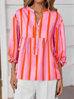Striped Button Front Notched Blouse