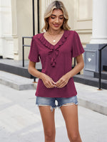 Ruffle Trim V-Neck Casual T-Shirt