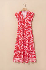 FloralRuffled V-Neck Midi Dress with Button Front