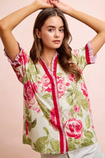 BiBi Floral Printed Woven Contrast Edge Ruffled Blouse