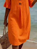 Full Size Button Decor Flounce Sleeve Dress Plus Size