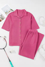 Solid Color Textured Buttoned Shirt and Casual Pants Set