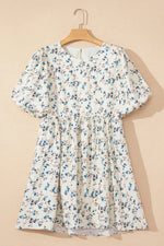 Floral Puff Short Sleeve Empire Waist Mini Dress
