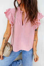 Stripe Frilly Split Neck Double Ruffled Short Sleeve Blouse
