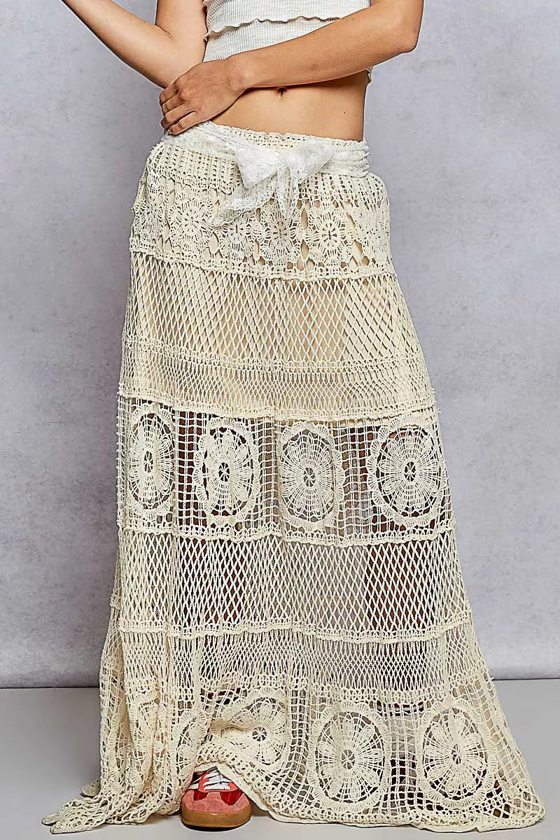POL Crochet Floral Flared Skirt with Elastic Waist Band