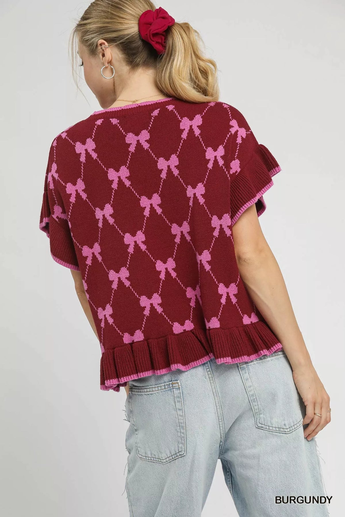 Umgee Bow Knit Ruffle Sleeve Sweater