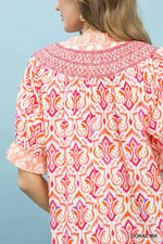 Umgee Mix Boho Puff Sleeve Smocked Top