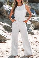 Solid Color Crew Neck Drawstring High Waist Sleeveless Jumpsuit