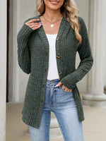 Ribbed Knit Hooded Button-Down Cardigan