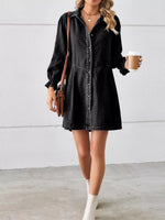 Button Down Ruffle Cuff Denim Dress