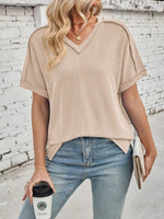 Cord Ribbed V-Neck Short Sleeve T-Shirt