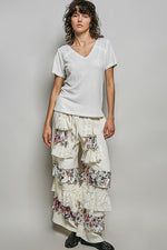 POL Lace Detail V-Neck Short Sleeve Textured T-Shirt