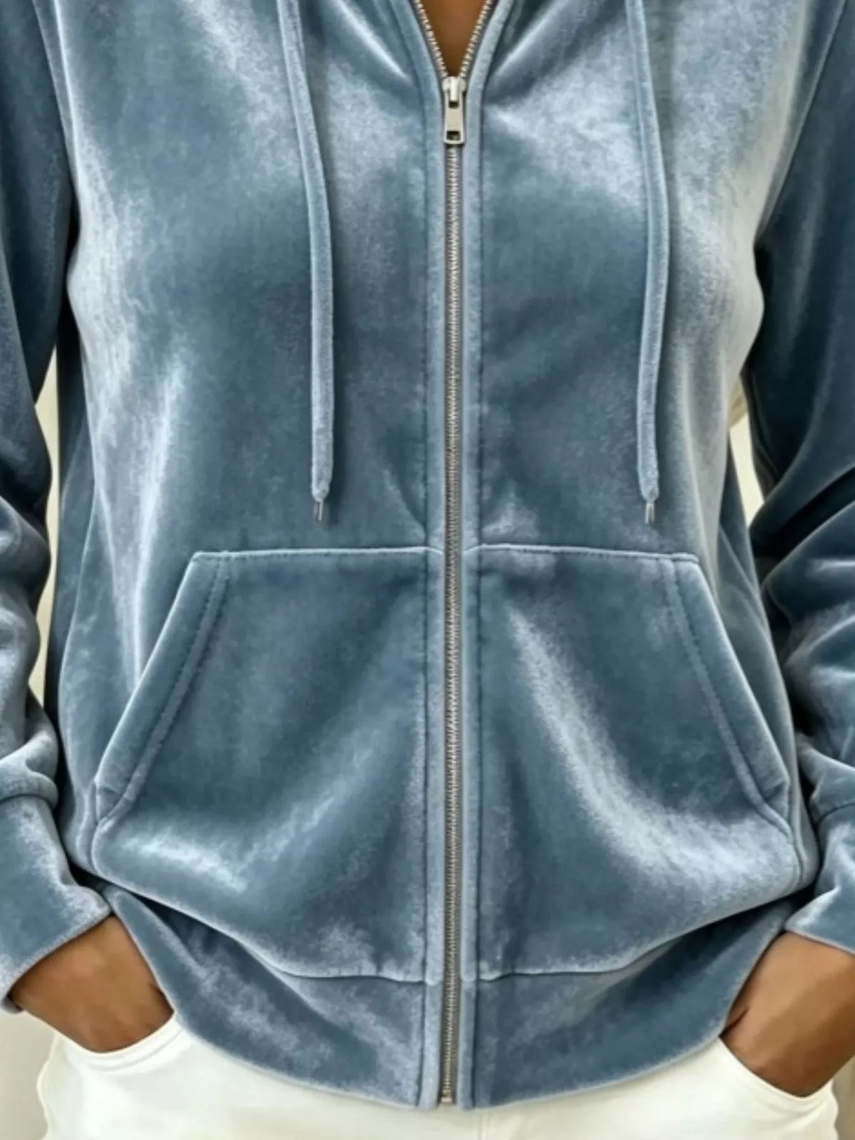 Full Size Velvet Zip-Up Outerwear with Drawstring Plus Size