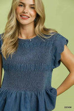 Umgee Smocked Peplum Top with Scalloped Ruffle Cap Sleeves