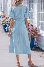 Full Buttons Collared Short Bubble Sleeve Long Denim Dress