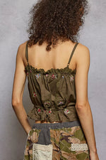 POL Button Down Floral Embroidered Cropped Cami with Lace Detail