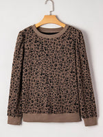 Ribbed Trim Leopard Print Long Sleeve Top