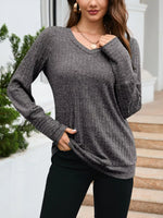 V-Neck Textured Knit Long Sleeve T-Shirt