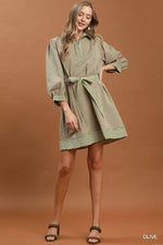 Umgee Striped Contrast Belted Puff Sleeve Mini Dress