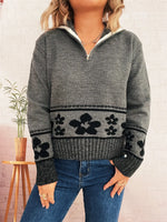 Flower Zip Collar Long Sleeve Sweater