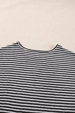 Stripe Textured Knit Notched Neck Cuffed Short Sleeve Top