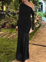 One-Shoulder Ruched Mesh Maxi Dress