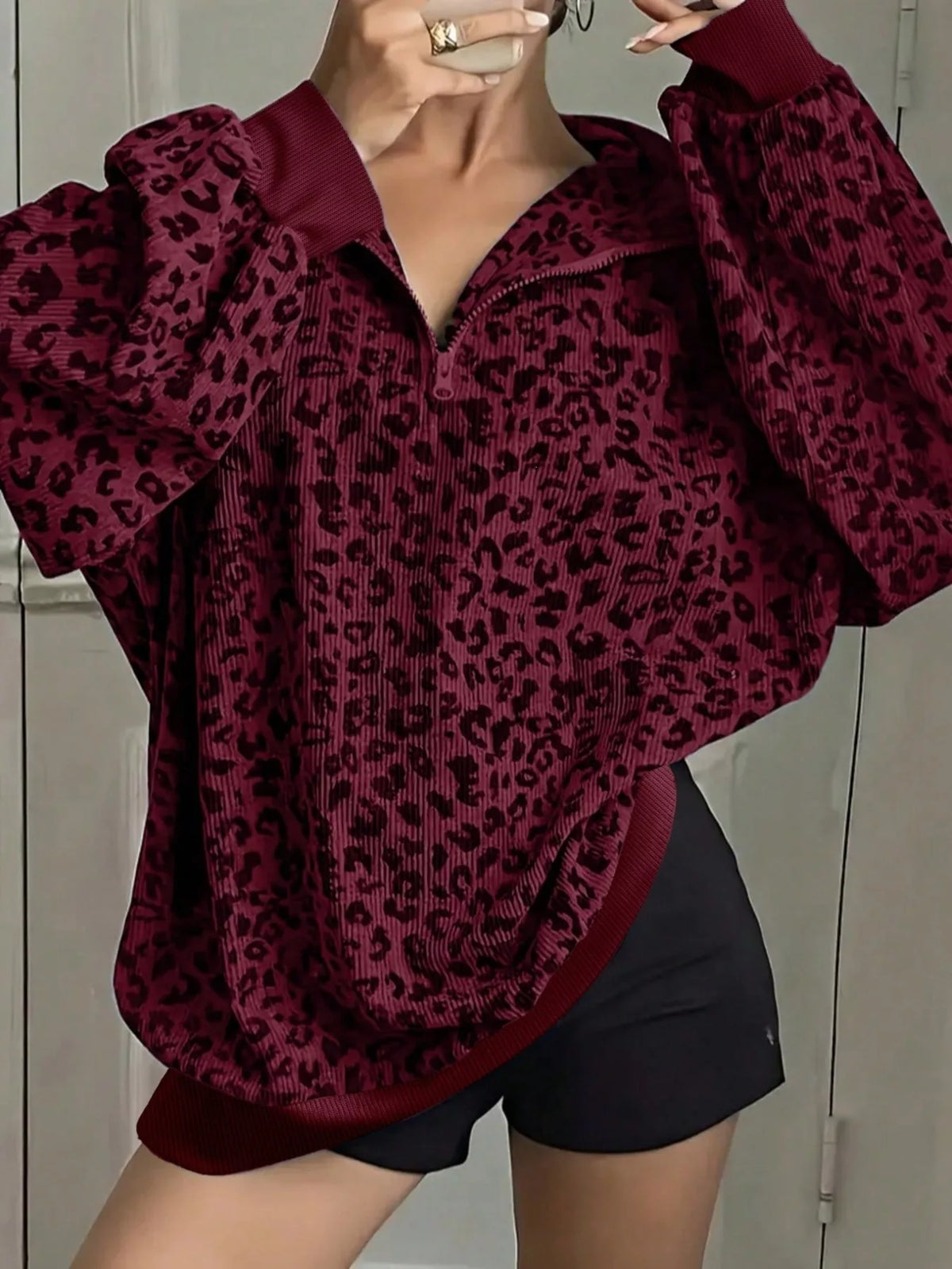 Leopard Print Quarter-Zip Sweatshirt