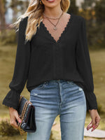 Lace Trim V-Neck Blouse with Flounce Sleeves