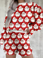 Christmas Santa Print Round Neck Top and Shorts Lounge Set