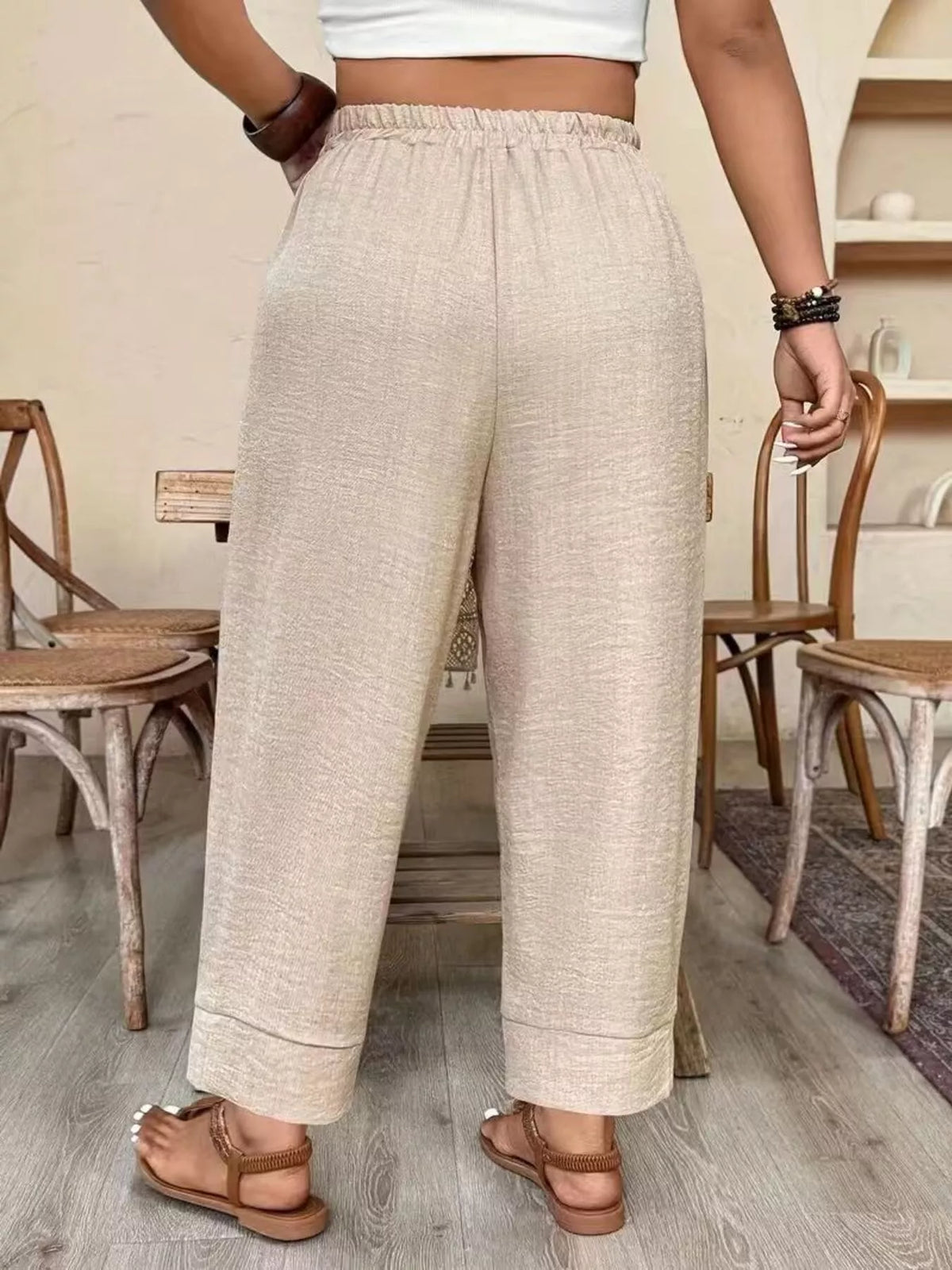 Plus Size High-Waisted Elastic Waist Pants with Pockets