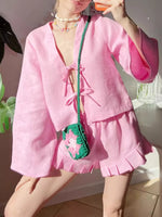 Tie Front Long Sleeve Top and Shorts Set