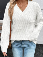 Textured Knit Ribbed Edge V Neck Loose Sweater