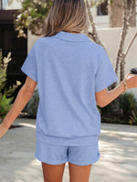 Collared V Neck Tee Drawstring Elastic Waist Shorts 2pcs Outfit
