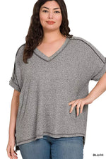 Zenana Full Size Soft Melange Hacci V-Neck Short Sleeve Hi-low Tee Plus Size