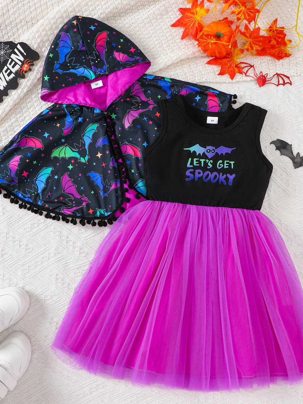 Children's Halloween Bat Print Hooded Cape and Tulle Dress Set