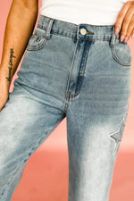 Star Embroidered High Waist Wide Leg Jeans