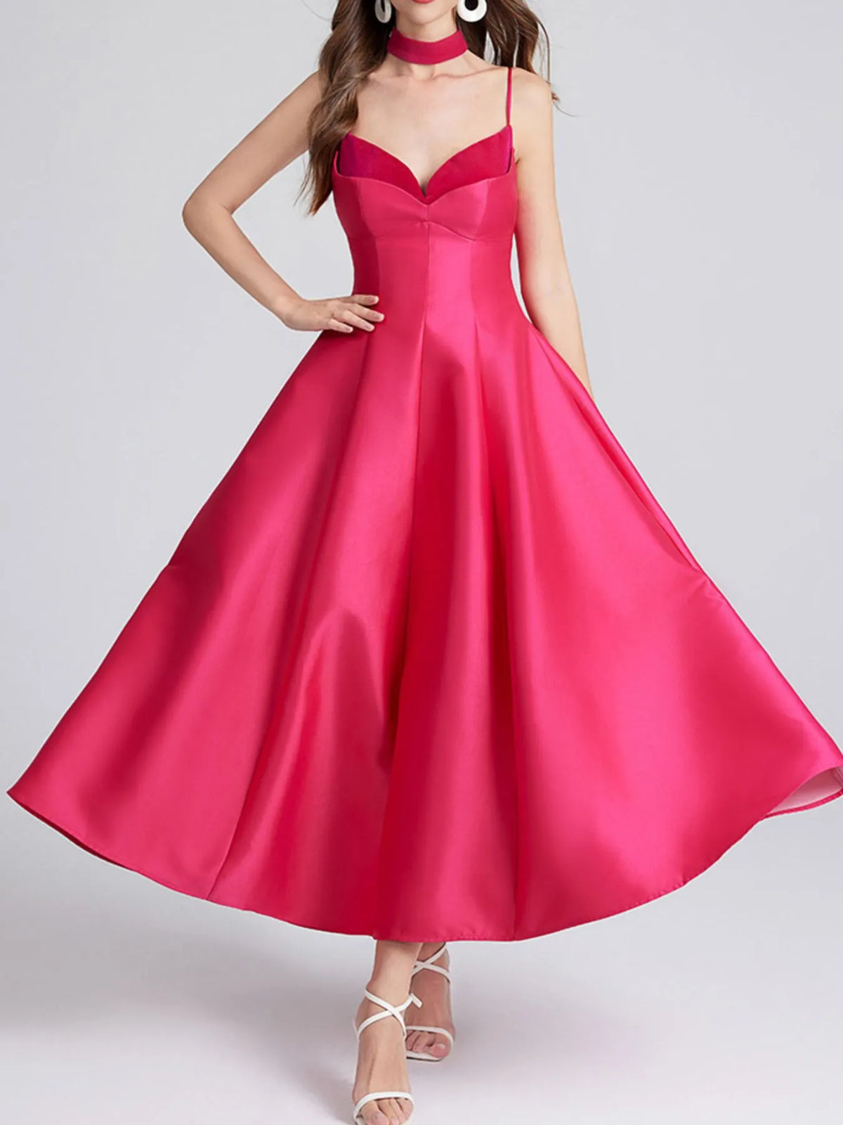 Sweetheart Spaghetti Strap Midi Dress with Collar
