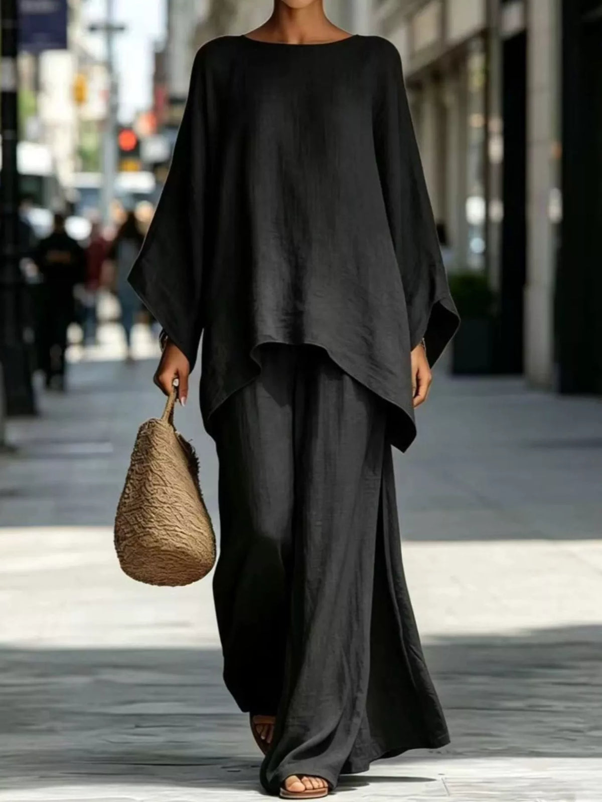 Full Size Batwing Sleeve Top and Wide-Leg Pants Set Plus Size