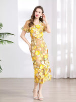 Floral Embroidered Puff Sleeve Midi Dress