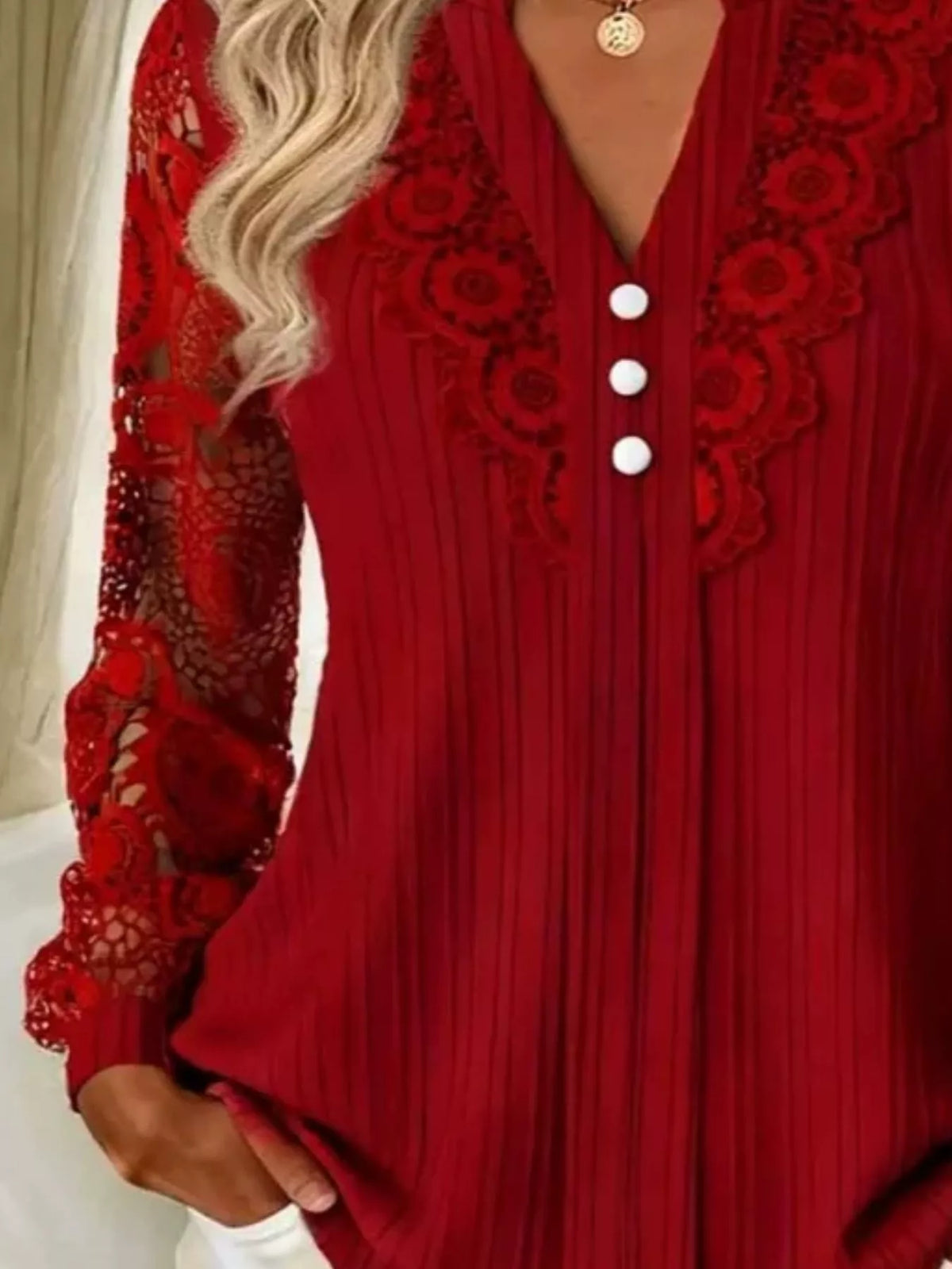Lace Long Sleeve Notched Blouse